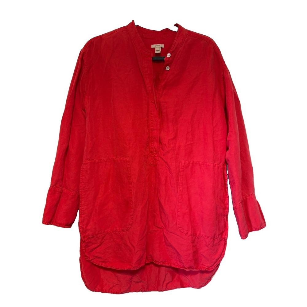 J. Crew Silk Linen Tunic Top Small S Red Popover Band Collar Pockets High Low